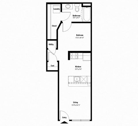 Floor plan for studio, 1 bath, 525 sqft